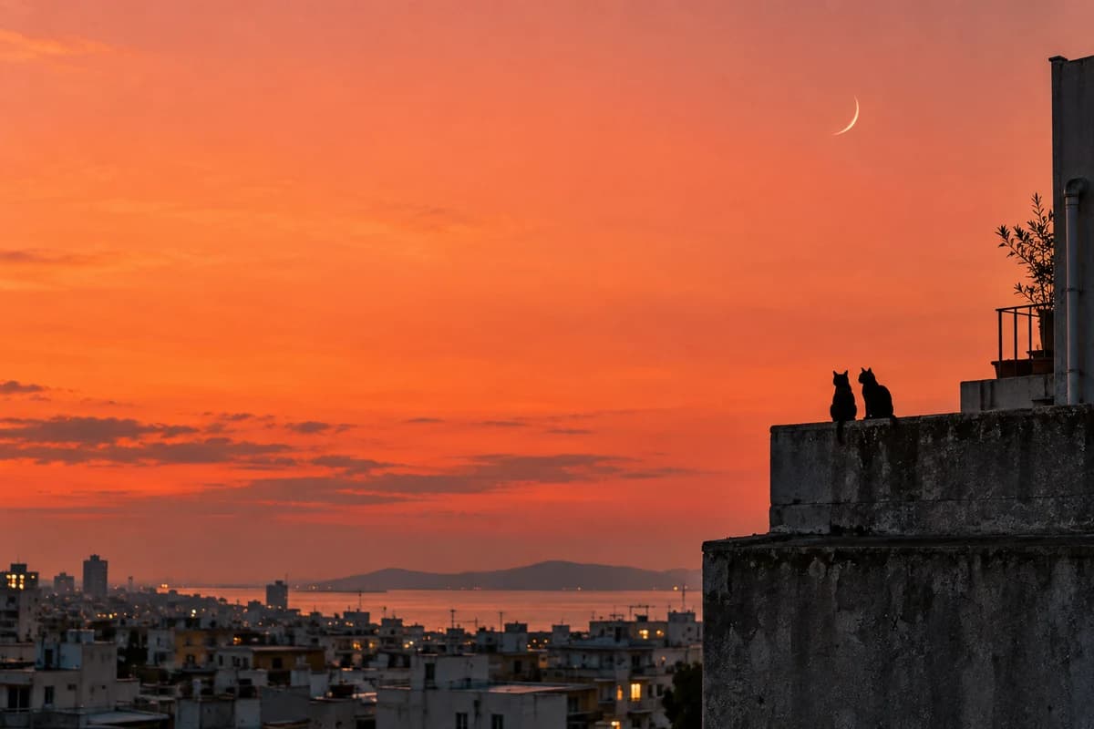 Two cats watching a crescent moon from a rooftop, original QUEST artwork